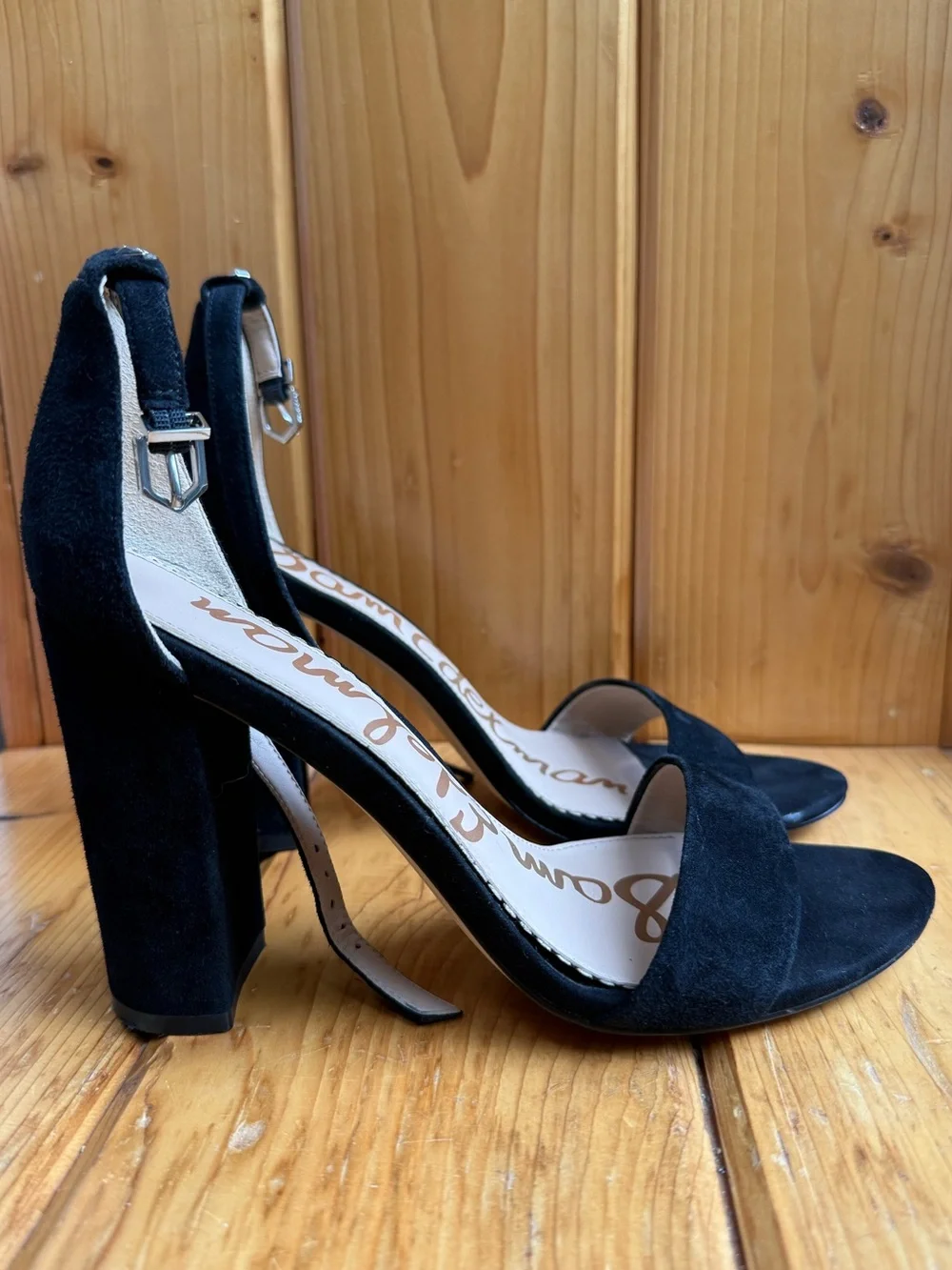 Size 8 Sam Edelman Yaro Black Suede High Heel Sandal Ankle Strap 4 in Block Heel